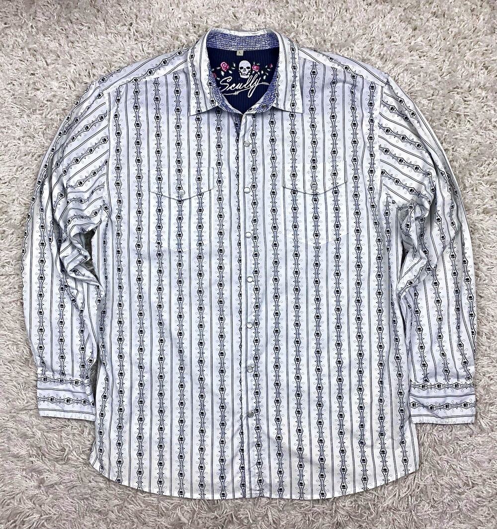 Scully Mens L Western Shirt White Skull Print Pearl Snap Rose Embroidery